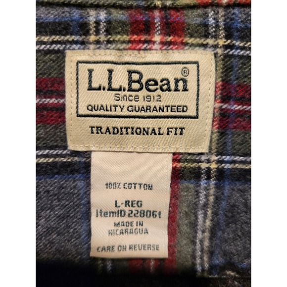 Mens L L Bean Flannel Shirt Gray Red Plaid Traditional Fit Sz L - Picture 5 of 5